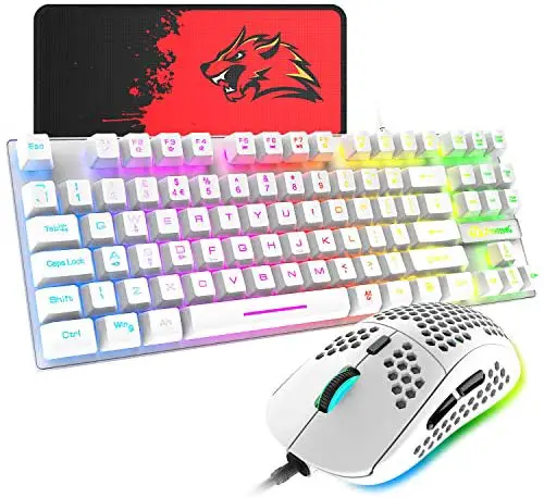 Gaming Keyboard and Mouse Combo,88 Keys Compact Rainbow Backlit Mechanical Feel Keyboard,RGB Backlit 6400 DPI Lightweight Gaming Mouse with Honeycomb Shell for Windows PC Gamers (White)