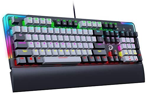 Mechanical Gaming Keyboard, Blue Switches Rainbow Blacklit Gaming Mechinical Keyboard with Detachable Wrist Rest and Removable Double-Shot Keycaps, Anti-ghosting Gaming Keyboard, Grey, Full Size