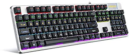 Kitcom NK30 Full Size Mechanical Gaming Keyboard with LED Rainbow Backlit, Anti Ghosting USB Wired Keyboard with Blue Switch Double-Shot Keycaps, Ergonomic design, for Windows PC Gamers, 104 Key Black