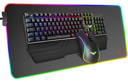 Havit Mechanical Keyboard and Mouse Combo RGB Gaming 104 Keys Blue Switches Wired USB Keyboards with Detachable Wrist Rest, Programmable Mouse, RGB Large Gaming Mouse Pad for PC Gamer Computer Desktop
