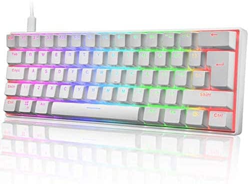 60% Mechanical Gaming Keyboard Mini Portable with Rainbow RGB Backlit Full Anti-Ghosting 61 Key Ergonomic Metal Plate Wired Type-C USB Waterproof for Typist Laptop PC Mac Gamer (White/Blue Switch)