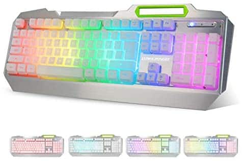 RGB LED Backlit Gaming Keyboard with Anti-ghosting, Light up Keys Multimedia Control, USB Wired Waterproof Metal Keyboard for PC Games Office (Silver&White)