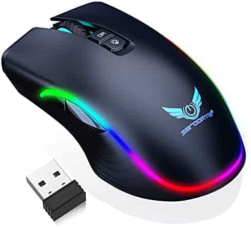 Rechargeable Wireless Gaming Mouse, RGB LED Backlit Mouse with 4 Adjustable DPI, 7 Button, 2.4G USB Optical Gaming Ergonomic Computer Mice for Laptop PC Gamer Computer Desktop (Black)