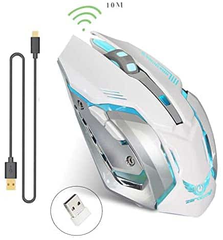 Rechargeable 2.4Ghz Wireless Gaming Mouse with USB Receiver,7 Colors Backlit for MacBook, Computer PC, Laptop (600Mah Lithium Battery) (White)