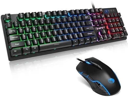 NPET Gaming Keyboard and Mouse Bundle, Backlit Wired Ergonomic Keyboard, LED Lighting Mouse with 7200 DPI for Windows Computer Gamers