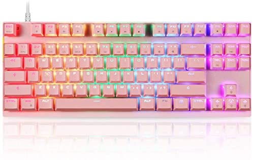 Motospeed Professional Gaming Mechanical Keyboard RGB Rainbow Backlit 87 Keys Illuminated Computer USB Gaming Keyboard for Mac & PC Pink