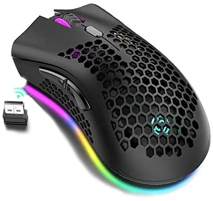 Lightweight Gaming Mouse, Honeycomb Design Rechargeable Wireless Gaming Mouse with USB Receiver RGB Backlight Computer Mouse for Laptop PC (Black)
