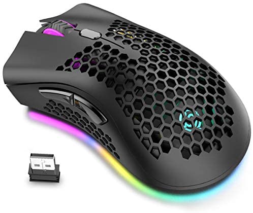 Wireless Lightweight Gaming Mouse, Ultralight Honeycomb Mice with RGB Backlit, 7 Button, Adjustable DPI, USB Receiver, 2.4G Wireless Rechargeable Ergonomic Optical Sensor Mouse for PC Mac Gamer(black)