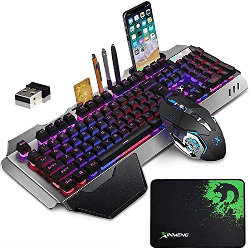 Wireless Gaming Keyboard and Mouse Combo with Rainbow LED Backlit Rechargeable 4800mAh Battery Metal Panel Mechanical Ergonomic Waterproof Dustproof 7Color Mute Mice for Computer PC Mac Gamer (Purple)