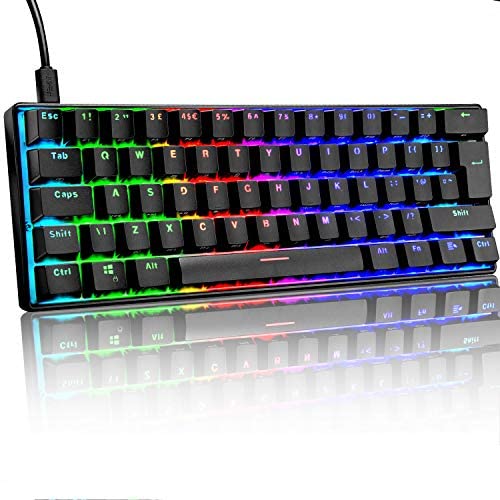 60% Mechanical Gaming Keyboard Mini Portable with Rainbow RGB Backlit Full Anti-Ghosting 61 Key Ergonomic Metal Plate Wired Type-C USB Waterproof for Typist Laptop PC Mac Gamer (Black/Blue Switch)