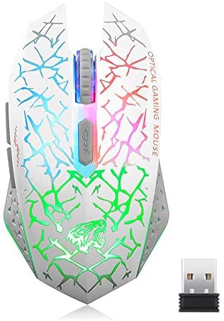 Q8 Wireless Gaming Computer Mouse, 2.4GHz USB Optical Rechargeable Ergonomic LED Wireless Silent Mouse, 3 Adjustable DPI, 6 Buttons, Compatible with PC, Laptop, Notebook, Desktop (White)