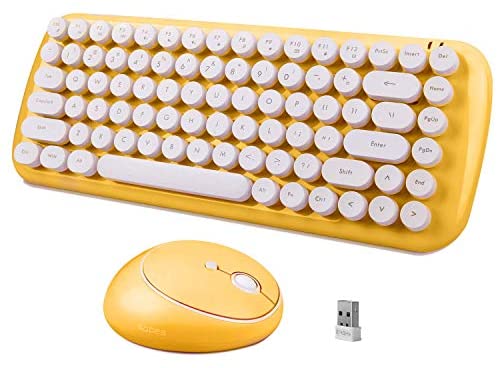 Wireless Keyboard Mouse Combo, 2.4GHz USB Small Silent Wireless Cute Keyboard, Letton Office Computer Wireless Retro Keyboard and Cute Wireless Mouse with 3 DPI for Mac PC Desktop Laptop-Yellow