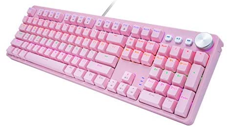 HUO JI BT-855 Mechanical Gaming Keyboard, USB Wired with Blue Switches, Rainbow LED Backlit, Multimedia Keys, 108 Keys No Conflict, Pink