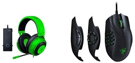 Razer Kraken Tournament Edition THX 7.1 Surround Sound Gaming Headset – Green & Naga Trinity Gaming Mouse: 16,000 DPI Optical Sensor – Chroma RGB Lighting – Interchangeable Side Plate