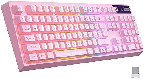 ZJFKSDYX Wireless Gaming Keyboard, 2.4G Connection Surpport Rechargeable RGB LED Backlit Ergonomic Water-Resistant Mechanical Feeling Keyboard (Pink)