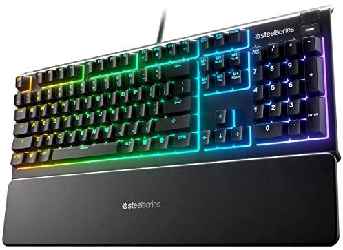 SteelSeries Apex 3 RGB Gaming Keyboard – 10-Zone RGB Illumination – IP32 Water Resistant – Premium Magnetic Wrist Rest (Whisper Quiet Gaming Switch) (Renewed)