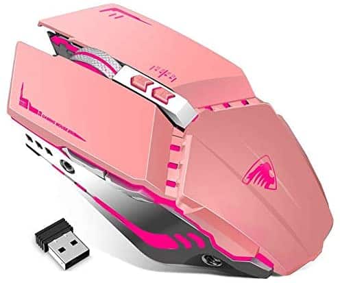 TENMOS T12 Wireless Gaming Mouse Rechargeable, 2.4G Silent Optical Wireless Computer Mice with Changeable LED Light Compatible with Laptop PC, 7 Buttons, 3 Adjustable DPI (Pink)