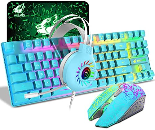 Wireless Gaming Keyboard Mouse and Wired Headphone with Ergonomic 87 Key Rainbow Backlight Rechargeable 3800mAh Battery Mechanical Feel Anti-ghosting Mouse pad for PC Laptop Gamer Typist(Blue RGB)