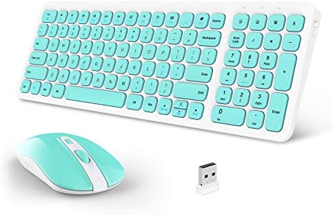 Wireless Keyboard and Mouse Combo, Ultra Thin Quiet Portable Wireless Keyboard and 2.4GHz Wireless Mouse with Nano USB Receiver for Windows Laptop PC Notebook – White/Turquoise