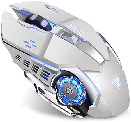 Uciefy T85 Rechargeable Wireless Mouse, 2.4G Ergonomic Silent Gaming Mice Portable Optical with USB Receiver, 3 Adjustable DPI, 6 Buttons LED Lights Compatible with Laptop/PC/Chromebook (Silver)