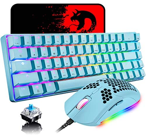 60% Mechanical Gaming Keyboard Blue Switch Mini 68 Keys Wired Type C Chroma RGB 18 Backlit Effects,Lightweight Gaming Mosue 6400DPI Honeycomb Optical,Gaming Mouse Pad for Gamers and Typists(Blue)