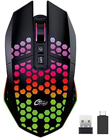 Wireless Gaming Mouse, Lightweight Honeycomb Design Rechargeable Silent Wireless Gaming Mouse with RGB Backlit, USB Receiver, Type C Adapter, Ergonomic Grips, One-Click Desktop (Honeycomb-Black)