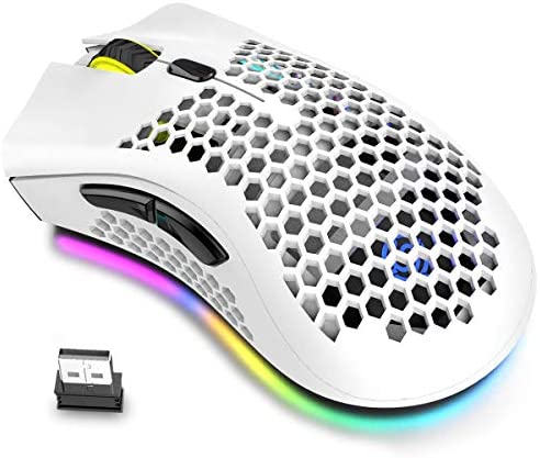 Wireless Lightweight Gaming Mouse, Ultralight Honeycomb Mice with RGB Backlit, 7 Button, Adjustable DPI, USB Receiver, 2.4G Wireless Rechargeable Ergonomic Optical Sensor Mouse for PC Mac Gamer(white)
