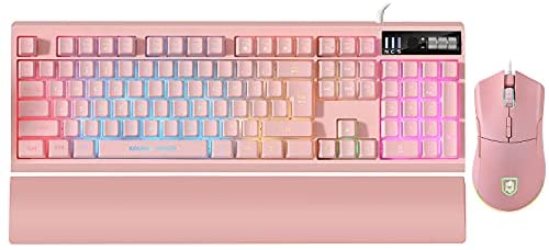 Pink RGB Gaming Keyboard and Mouse Combo,RGB Backlit Mechanical Feel Gaming Keyboard with Ergonomic Detachable Wrist Rest, Programmable 7200 DPI RGB Gaming Mouse for Windows PC Mac Office/Gaming