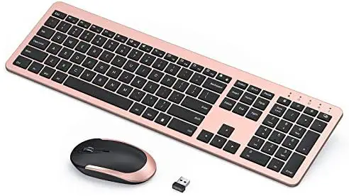 seenda Rechargeable Wireless Keyboard Mouse Combo Full Size Cordless Keyboard & Mouse Sets with Build-in Lithium Battery Ultra Thin Quiet Keyboard Mice (Black and Rose Gold)