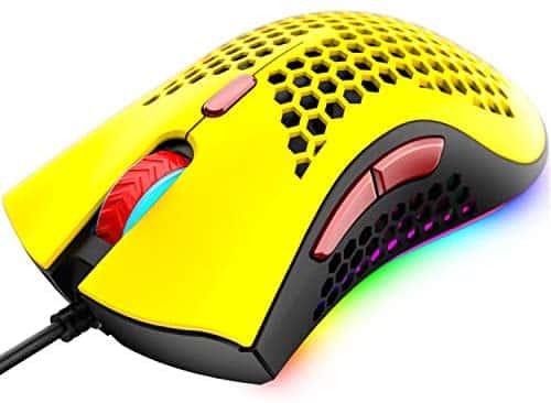 Wired Lightweight Gaming Mouse,Ultralight Honeycomb Shell Ultraweave Cable,7 Buttons Programmable Driver,Pixart 3325 12000 DPI,10 RGB Backlit Computer Mouse for PC Gamers,Xbox,PS4 Users(Yellow)