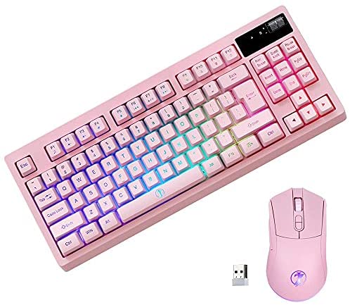 ZJFKSDYX C87 Wireless Gaming Keyboard and Mouse Combo, 2.4G Wireless Connection, Support 10 Kinds of RGB Lighting Effects, Mute Button Supports Charging (Pink. (Renewed)