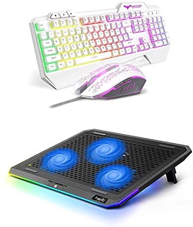 Havit White Rainbow Backlit Wired Gaming Keyboard Mouse Combo and Havit RGB Laptop Cooling Pad for 15.6-17 Inch Laptop with 3 Quiet Fans and Touch Control