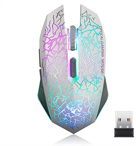 TENMOS M2 Wireless Gaming Mouse, Silent Rechargeable Optical USB Computer Mice Wireless with 7 Color LED Light, Ergonomic Design, 3 Adjustable DPI Compatible with Laptop/PC/Notebook, 6 Buttons (White)