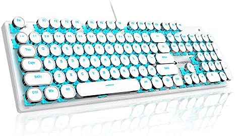 MageGee Typewriter Mechanical Gaming Keyboard, Retro Punk Round Keycap LED Backlit USB Wired Keyboards for Game and Office, for Windows Laptop PC Mac – Blue Switches/White