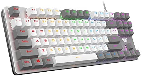 AULA F3287 Wired TKL Rainbow Mechanical Gaming Keyboard, 80% Compact Tenkeyless 87 Keys Layout w/Tactile Blue Switches, White & Grey Mixed-Color Keycaps, Programmable Macro Keys