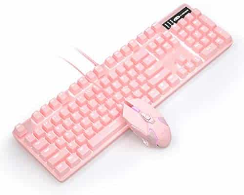 Pink Mechanical Gaming Keyboard and Mouse Combo Blue Switch 104 Keys White Backlit Keyboards, 7 Button Mouse Wired for Windows, Computer, Desktop, PC, Notebook, Laptop(Pink)