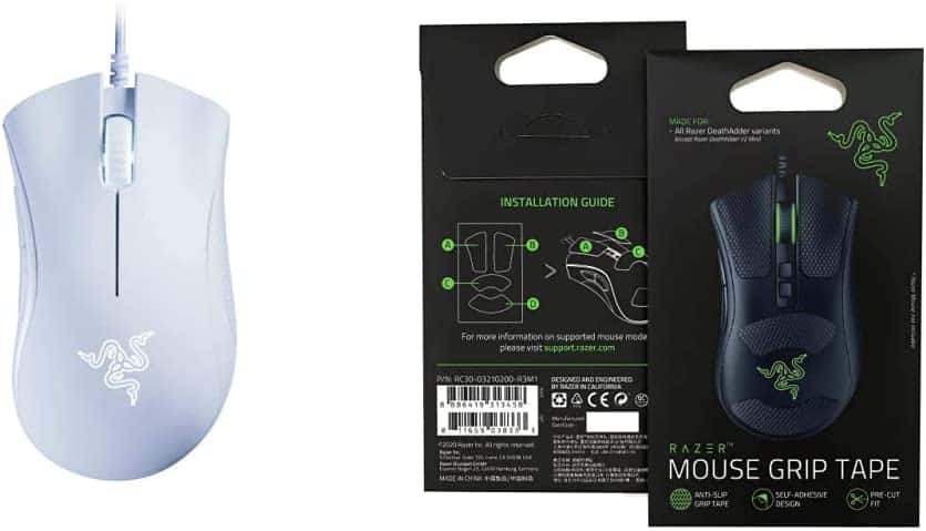Razer DeathAdder Essential Gaming Mouse: 6400 DPI Optical Sensor – Mercury White + Razer Mouse Grip Tape – Anti-Slip Grip Tape – Self-Adhesive Design