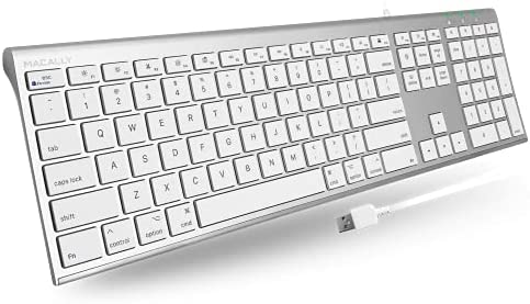 Macally Ultra Slim USB Wired Computer Keyboard – Works as Windows or Mac Wired Keyboard – Full Size Keyboard with 20 Apple Shortcut Keys – Mac Keyboard with Number Pad – Silver Aluminum Finish