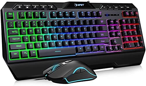 NPET S11 Wired Gaming Keyboard and Mouse Combo, LED Rainbow Backlit Gaming Keyboard with 10 Independent Multimedia Keys & Wrist Rest, Backlit Gaming Mouse 3200 DPI, for Windows/Desktop/Computer/PC