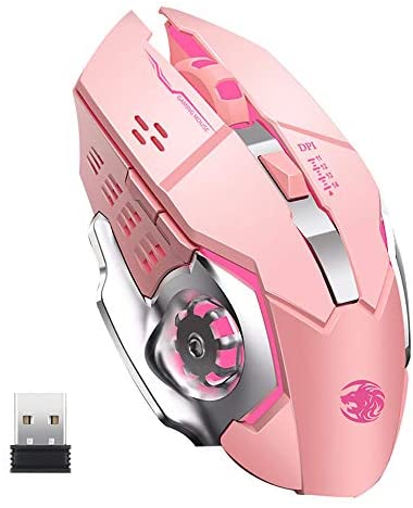 Q85 Rechargeable Wireless Gaming Mouse, 2.4G LED Optical Silent Wireless Computer Mouse with 4 LED Light, 3 Adjustable DPI, Ergonomic Design, Auto Sleeping (Pink)