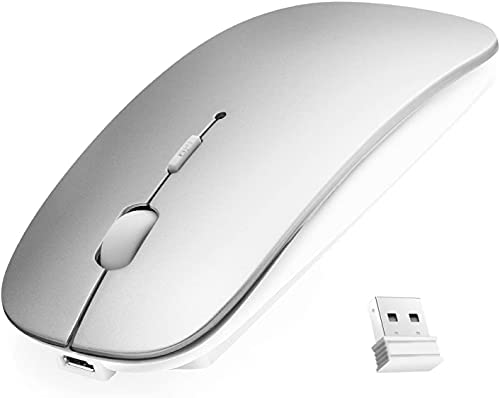 Bluetooth Wireless Mouse, Dual Mode Slim Rechargeable Wireless Mouse Silent Cordless Mouse with Bluetooth 4.0 and 2.4G Wireless, Compatible with Laptop, PC, Windows Mac Android OS Tablet (Silver)