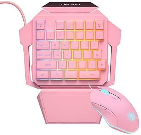 One-Handed Gaming Keyboard and Mouse Combination Mini Wired RGB Backlit Half Keyboard, Mechanical Feel, Support Wrist Rest Suitable for Professional Gamers(Pink)