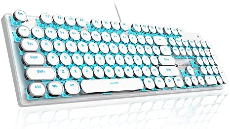 MageGee Typewriter Mechanical Gaming Keyboard, Retro Punk Round Keycap LED Backlit USB Wired Keyboards for Game and Office, for Windows Laptop PC Mac – Blue Switches/White (Renewed)