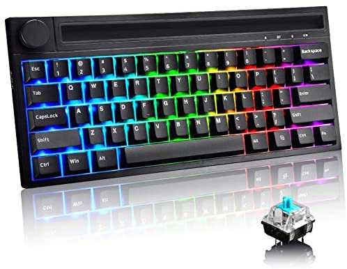 Bluetooth Mechanical Gaming Keyboard with 19 RGB Backlight Mini 61 Key Multimedia Knob Rechargeable 4400mAh Battery Type C Wired/Wireless for PC Mac Mobile Phone Gamer Typist(Black/Blue Switch)