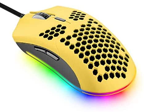 Lightweight Wired Gaming Mouse with 7 Button 26RGB Backlit Programmable Driver PAW3325 12000 DPI Optical Sensor Ultralight Ergonomic 65G Honeycomb Shell Ultraweave Cable for PC Xbox PS4 Gamer(Yellow)