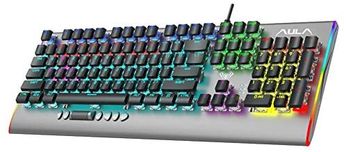 AULA F2099 Ultra Thin Mechanical Keyboard, with Media Volume & RGB Backlight Control Wheel, 104 Keys Anti-Ghosting Hot Swappable USB Wired Gaming Keyboards for PC Deskop Laptop Computer (Brown Switch)