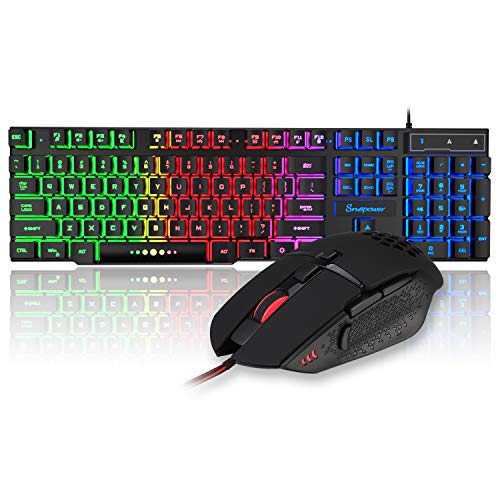 Snopower Gaming Keyboard and Mouse Combo, RGB Rainbow Backlit Gaming Keyboard USB Wired 4 Color Breathing Gaming Mouse for PC Laptop Computer Game or Work
