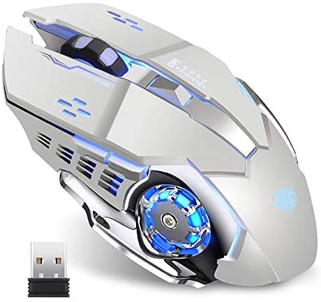 Q85 Rechargeable Wireless Gaming Mouse, 2.4G LED Optical Silent Wireless Computer Mouse with 4 LED Light, 3 Adjustable DPI, Ergonomic Design, Auto Sleeping (Silver)