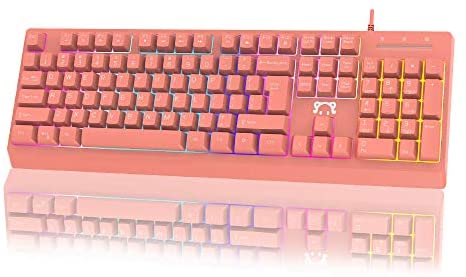 NACODEX Low Sound 104 Keys Wired Membrand Keyboard with Rainbow LED Backlit, 19 Anti-Ghosting Keys Mechanical Feeling PC Computer Keyboard for Gaming/Office Typing (Pink)