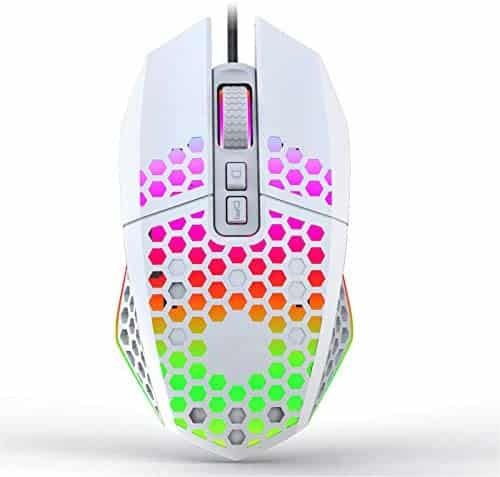 Uiosmuph X801 Wired Gaming Mouse, Honeycomb Lightweight Gaming Mouse with RGB Backlit, 7 Programmable Buttons and One-Click Desktop, 8000 DPI Optical USB Gamer Mouse for Mac, Laptop, Computer – White